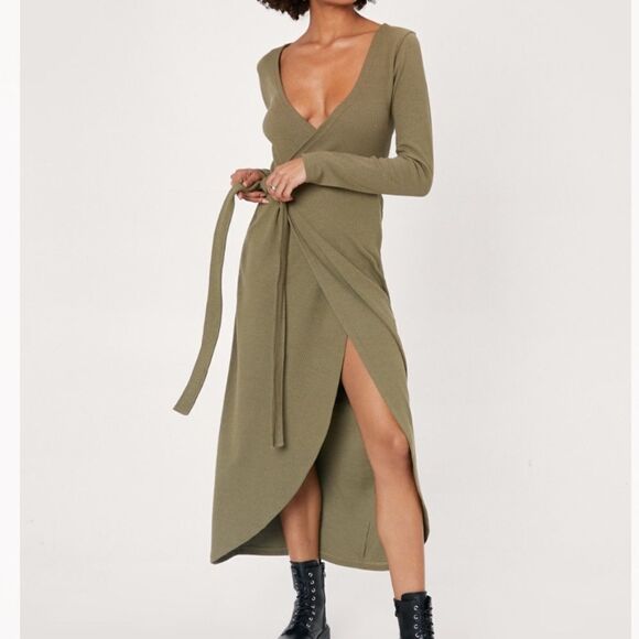 Nasty Gal Ribbed Effect Wrap Midi Dress - Picture 1 of 6